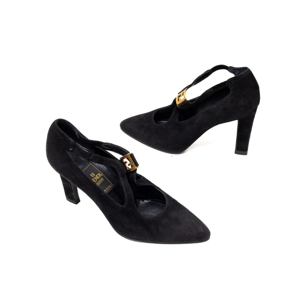 Vintage Fendi Scarpe Black Suede T-Strap Heels with Gold FF Buckle–Size 5.5/EU36